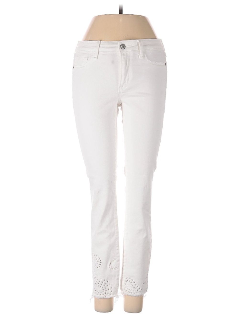 Abercrombie & Fitch White Straight-Leg Jeans with Eyelet Hem Detail